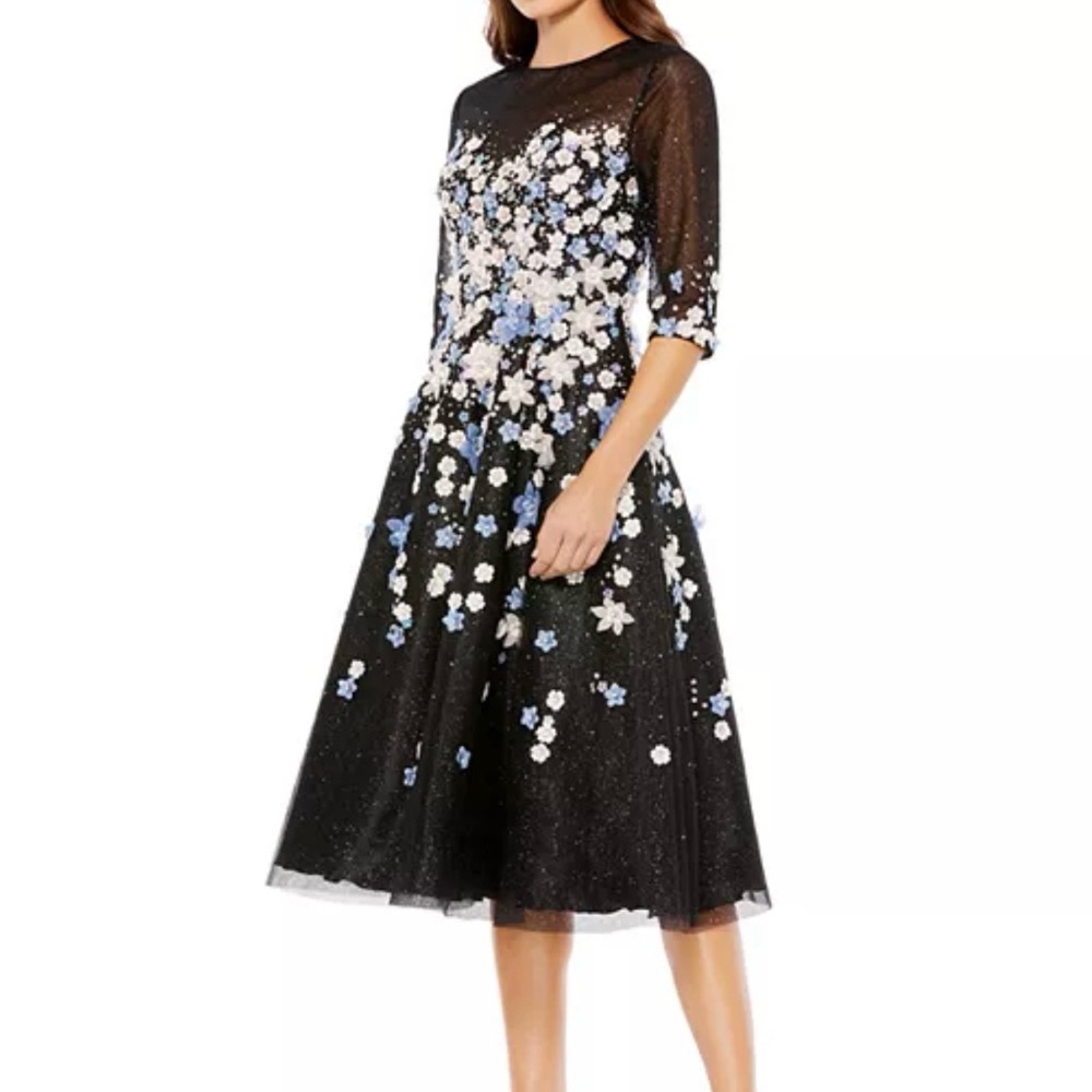 Mac Duggal Black Midi Dress with Blue and White Floral Appliqués